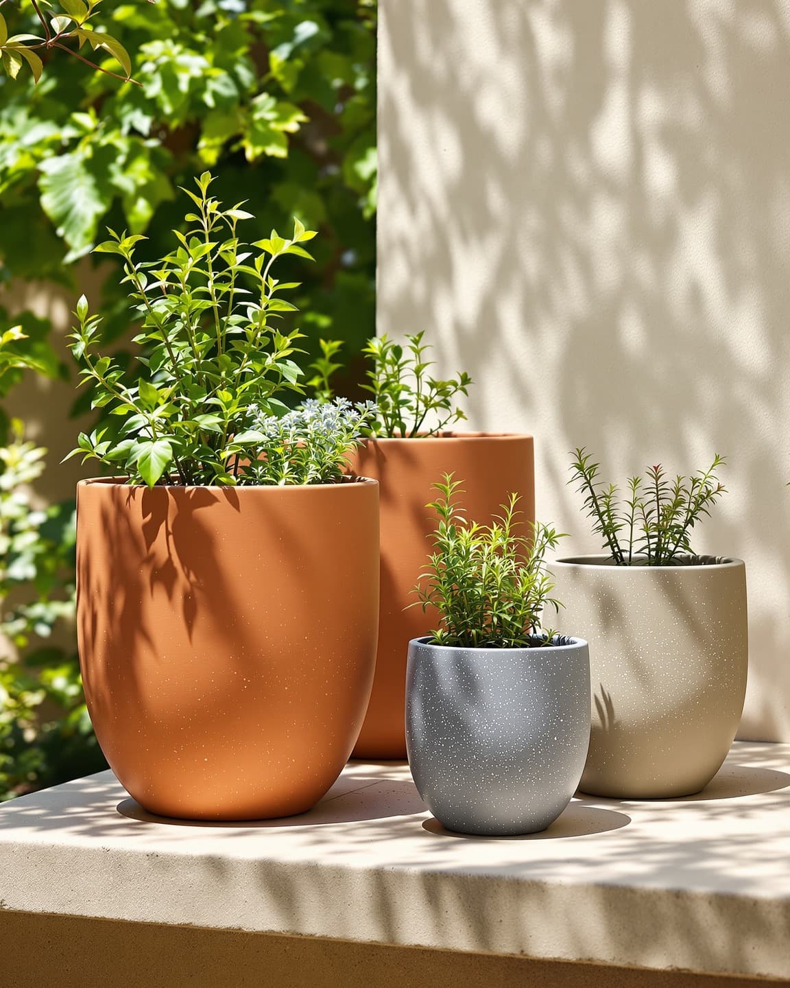Recycled-plastic planters with herbs growing on a sun-dappled patio