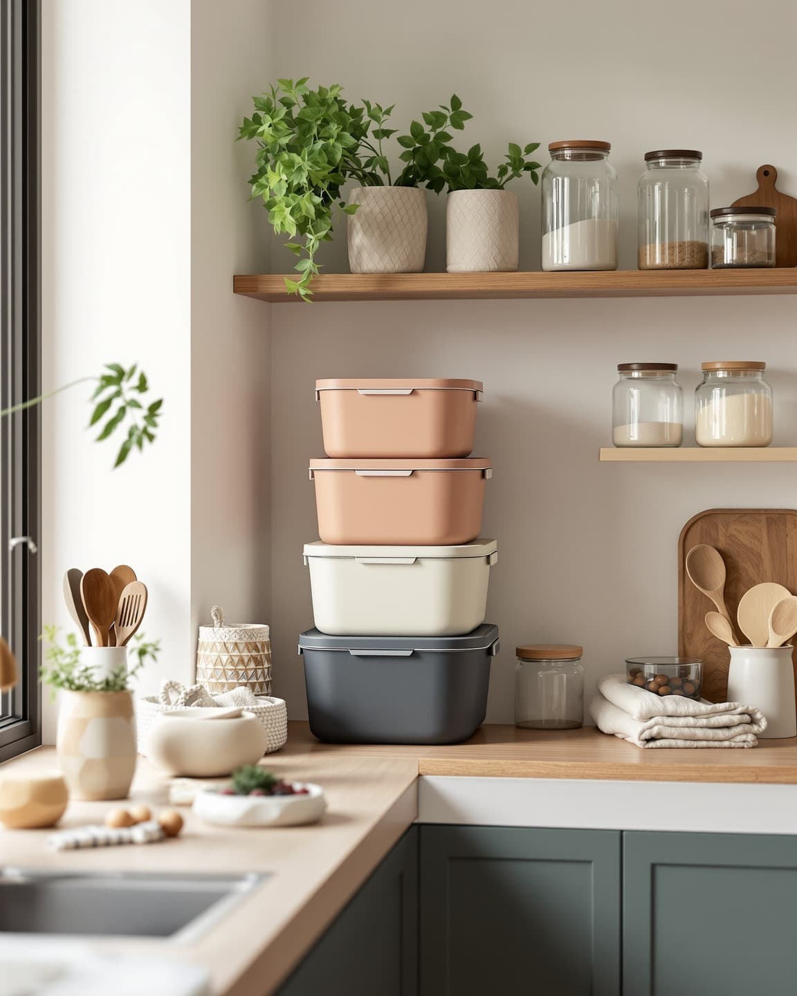 Recycled-plastic storage containers neatly arranged on a kitchen shelf