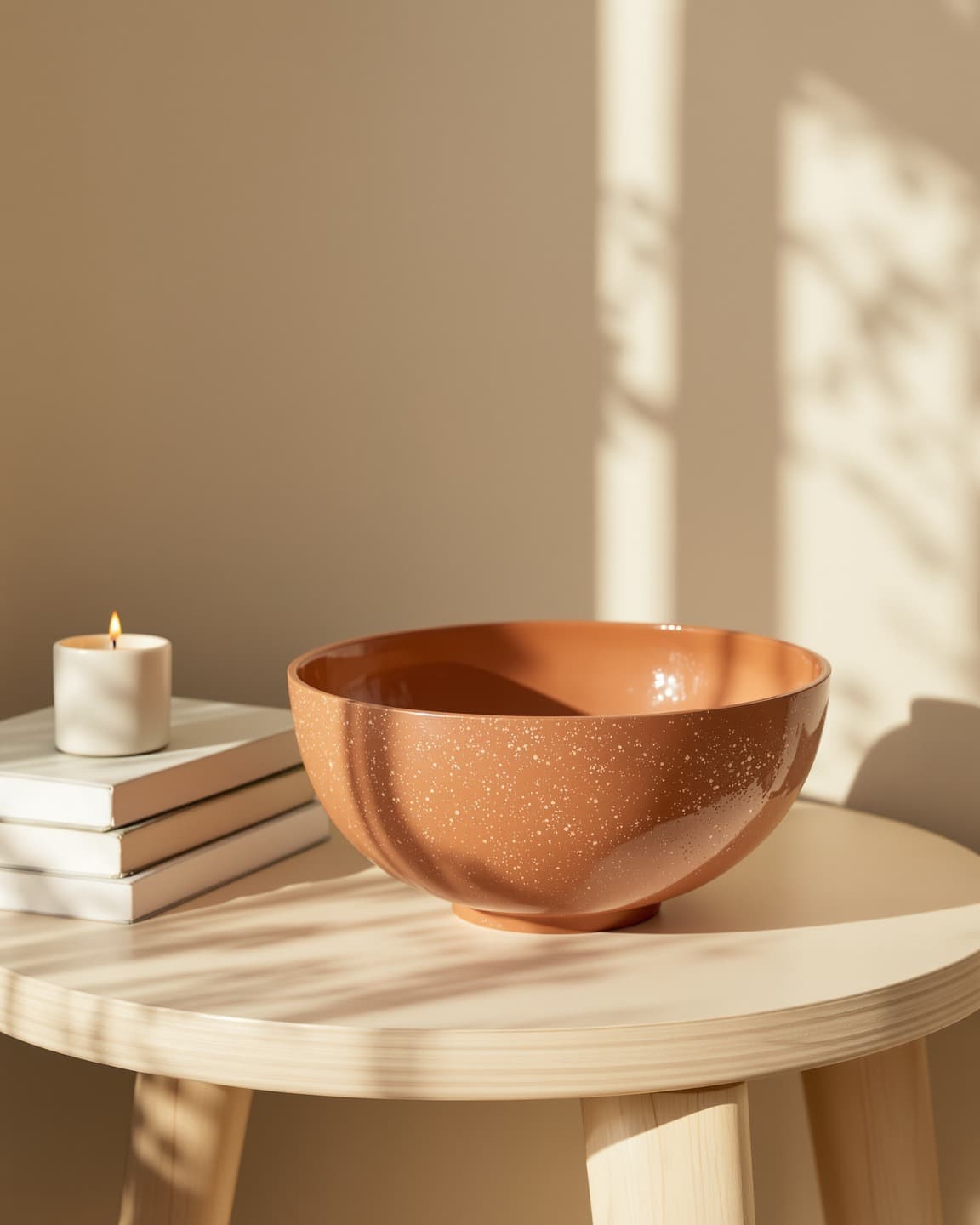 Decorative recycled-plastic bowl on a wooden side table in a warm interior